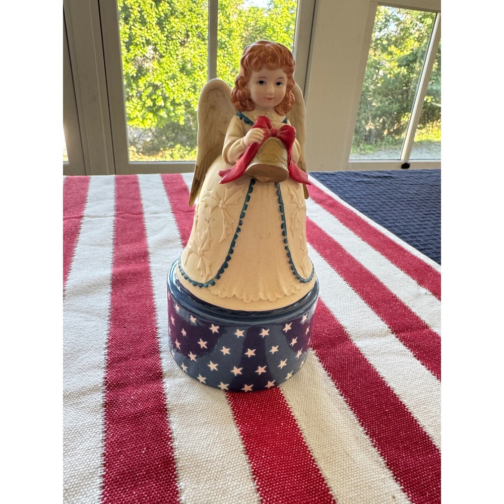 Vintage Ceramic 4th of July Christmas Angel Figurine with Golden Bell and Holly